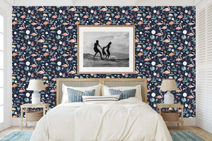 Bedroom with "Nighttime Flamingo Lagoon" coastal wallpaper featuring flamingos, perfect for children's playroom or soothing decor.