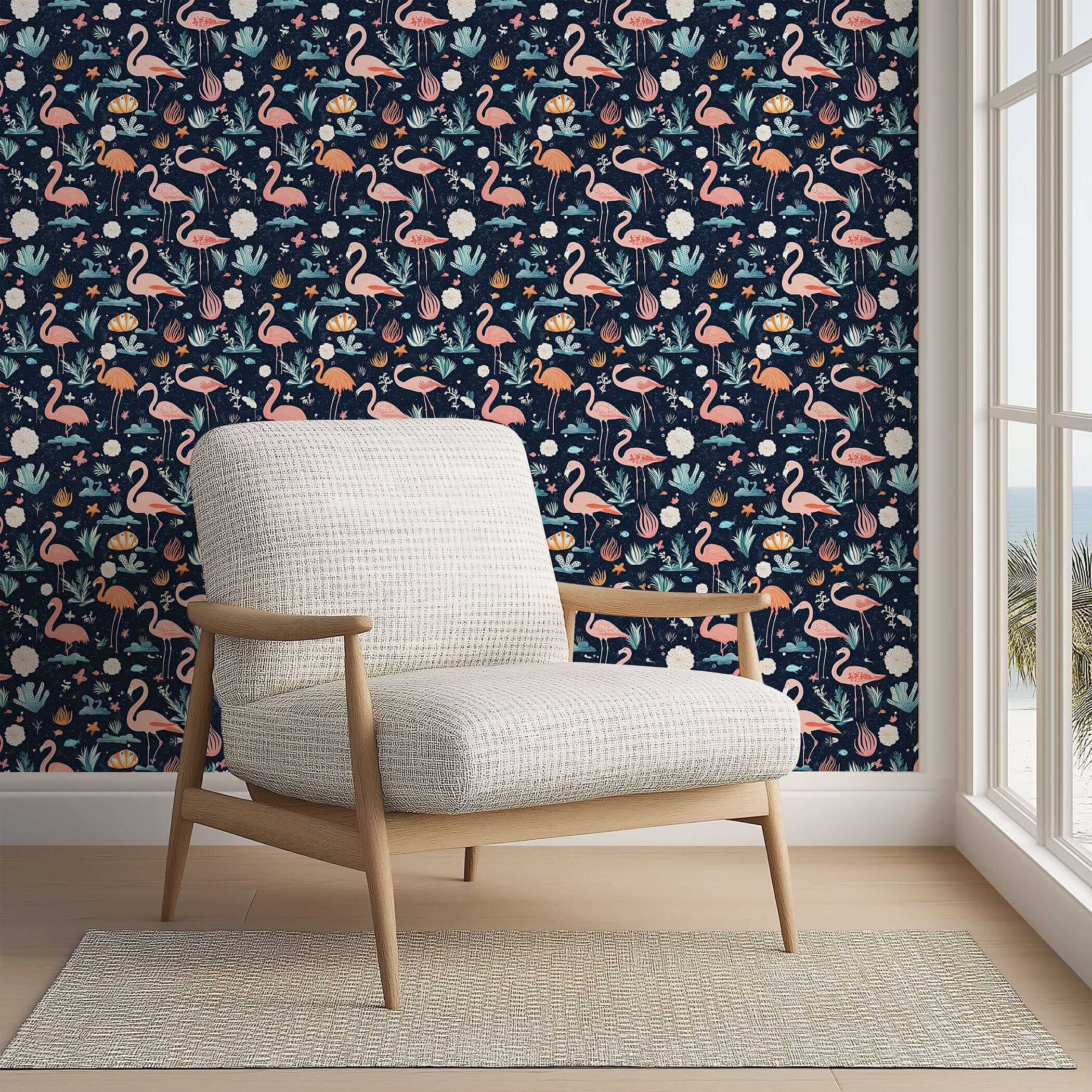 Nighttime Flamingo Lagoon wallpaper with elegant flamingos in a moonlit coastal lagoon, perfect for children's playrooms.