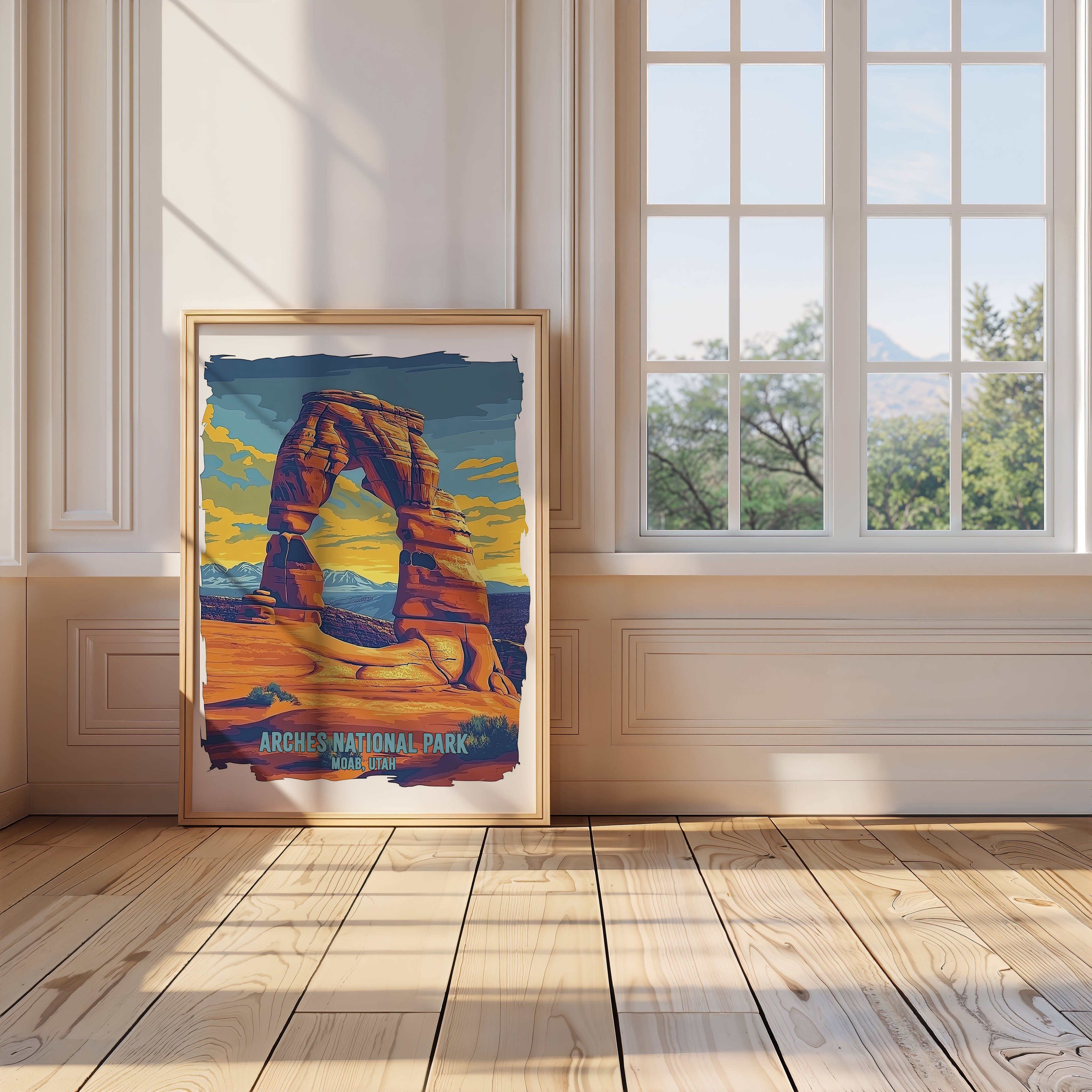 Art print of Delicate Arch in Arches National Park, Utah, showcasing vibrant sunset colors in a stylish interior.