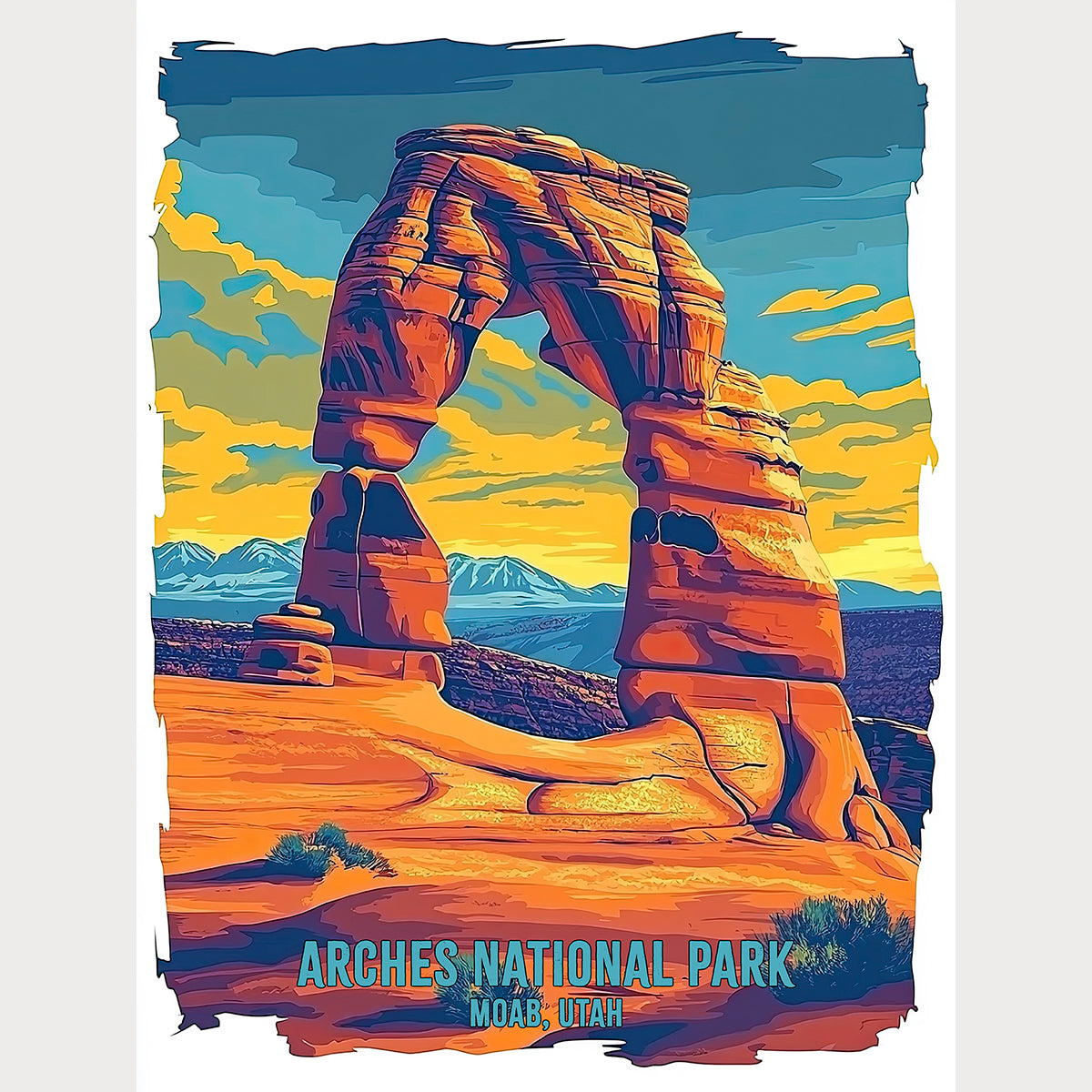 Vibrant Pop Art print of Delicate Arch, Arches National Park, Utah, showcasing desert sunset colors.
