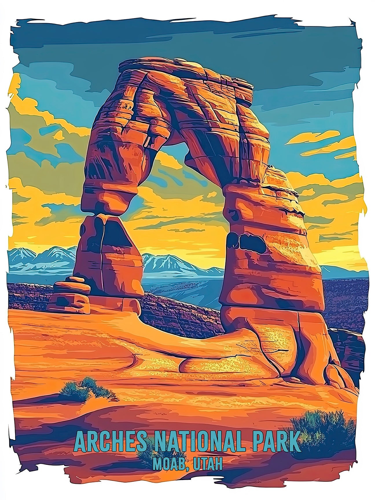 Colorful Pop Art print of Delicate Arch in Arches National Park, Utah, capturing desert sunset beauty.