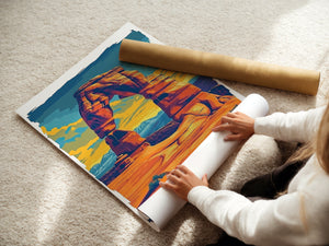 Vibrant wall art print of Delicate Arch at Arches National Park, showcasing sunset tones and bold Pop Art style.