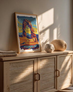 Vibrant pop art print of Delicate Arch at Arches National Park in Utah, showcasing sunset colors and desert beauty.