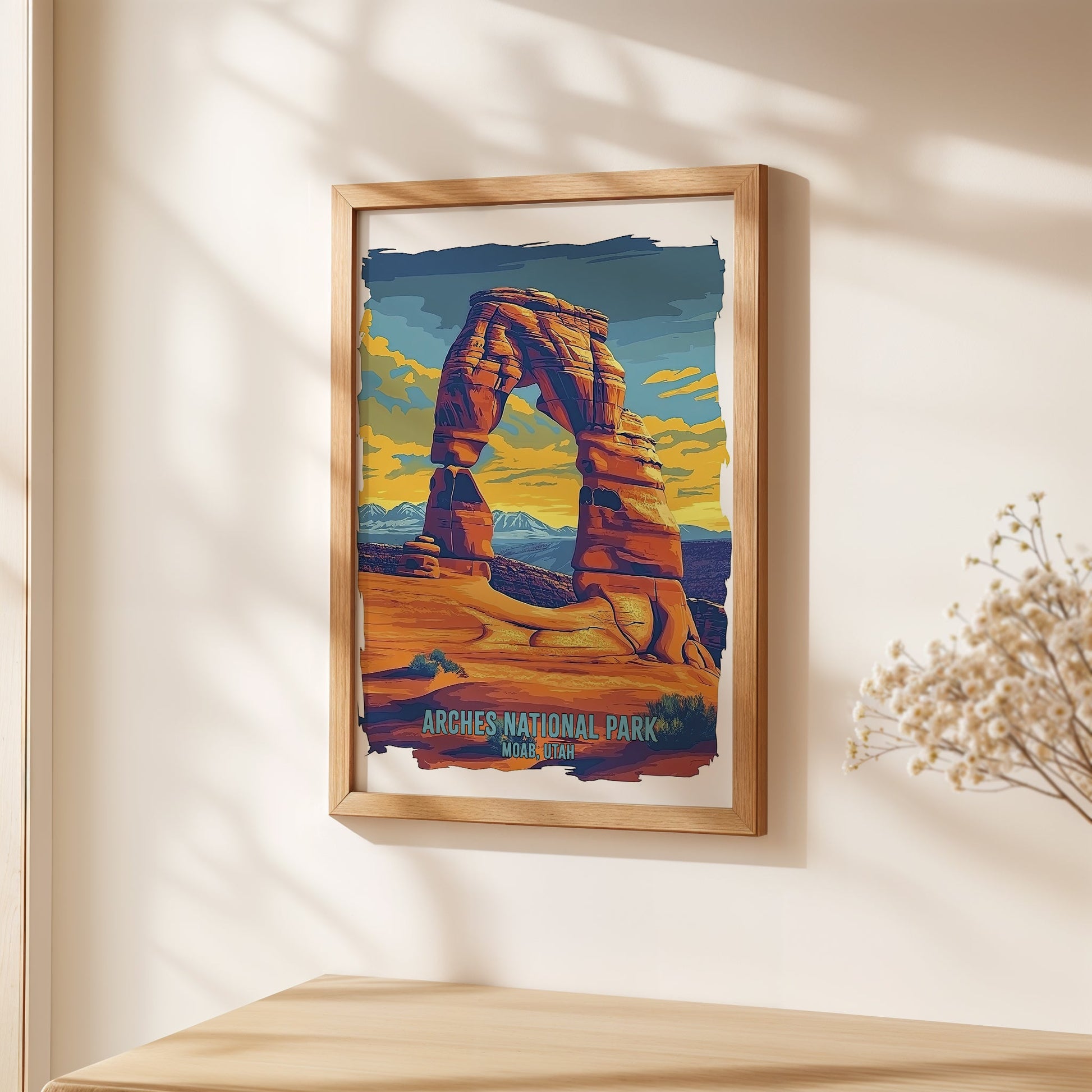 Colorful wall art print of Delicate Arch, Arches National Park, showcasing Utah's desert landscape and sunset hues.