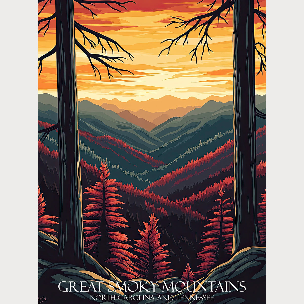 Sunset over the Great Smoky Mountains with vibrant forest hues, capturing a vintage travel art look.