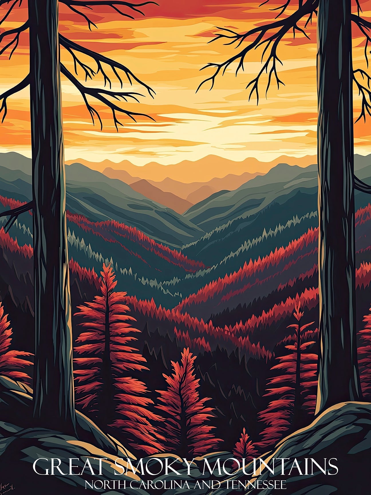 Art print of the Great Smoky Mountains at sunset, showcasing vibrant colors and forest landscapes in North Carolina and Tennessee.