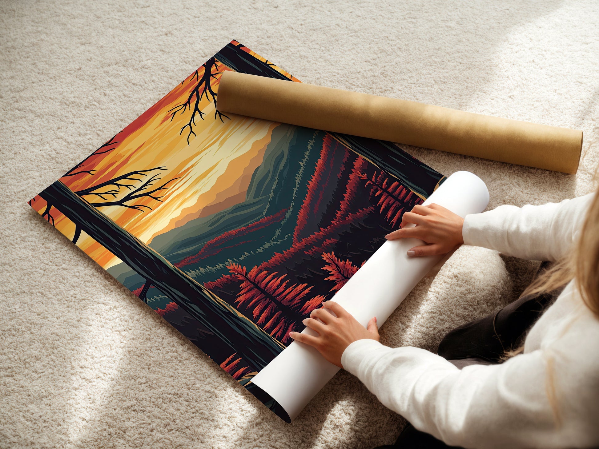 Person unrolling a vintage travel art print of Great Smoky Mountains at sunset, showcasing warm golden tones.