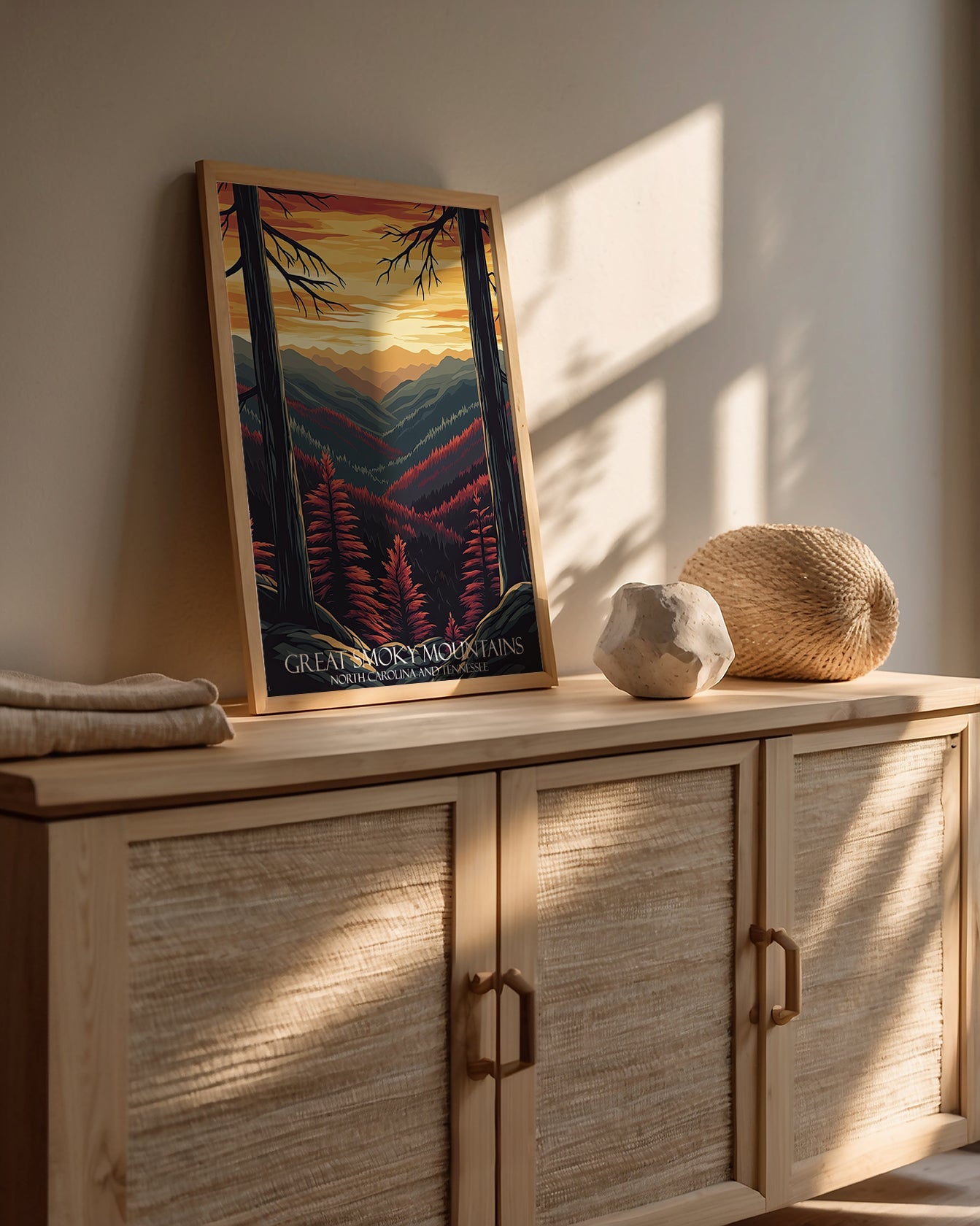 Art print of Great Smoky Mountains at sunset, showcasing vibrant colors and serene forest atmosphere.