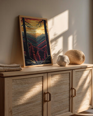 Art print of Great Smoky Mountains at sunset, showcasing vibrant colors and serene forest atmosphere.