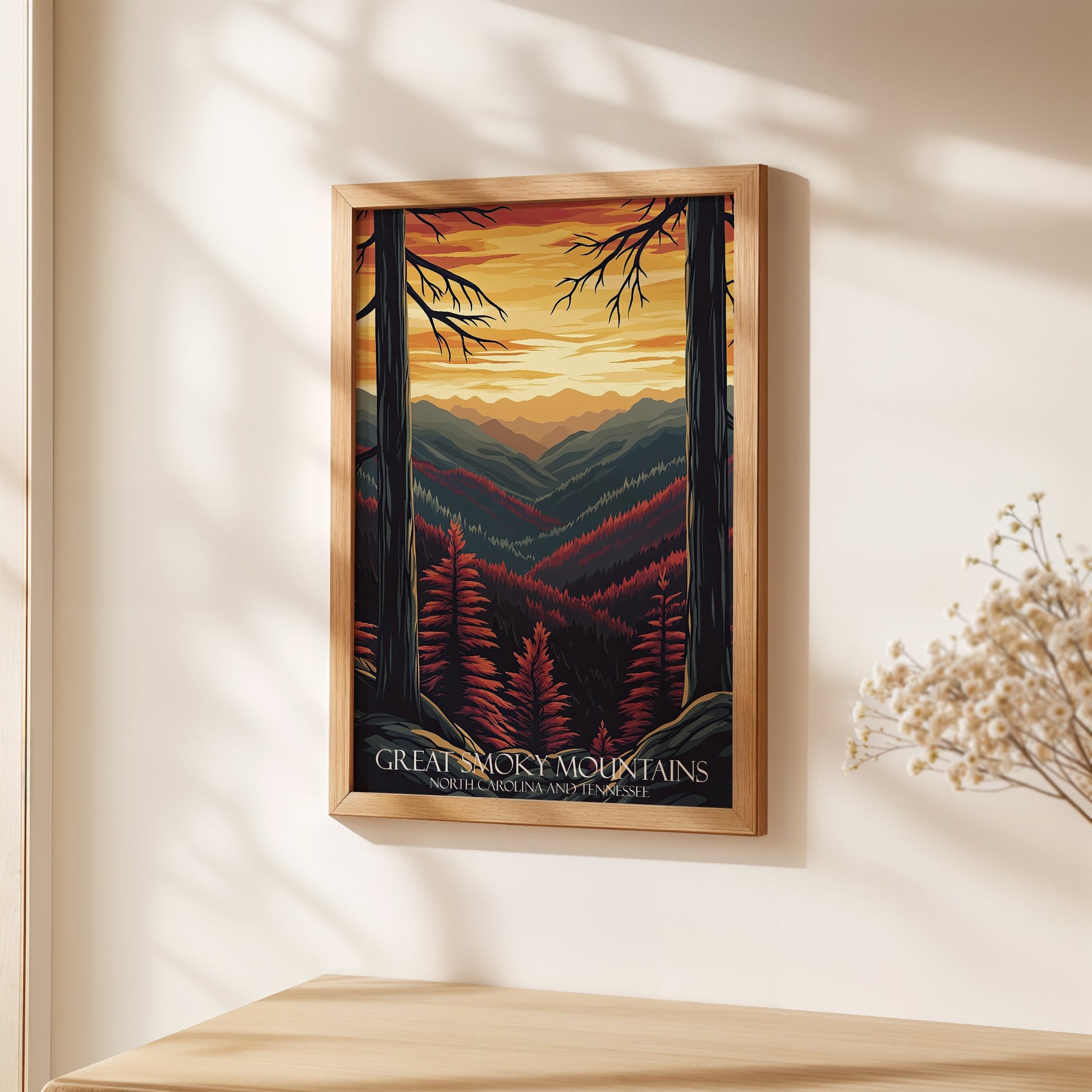 Art print of Great Smoky Mountains showcasing a sunset with warm tones and rich forest details.