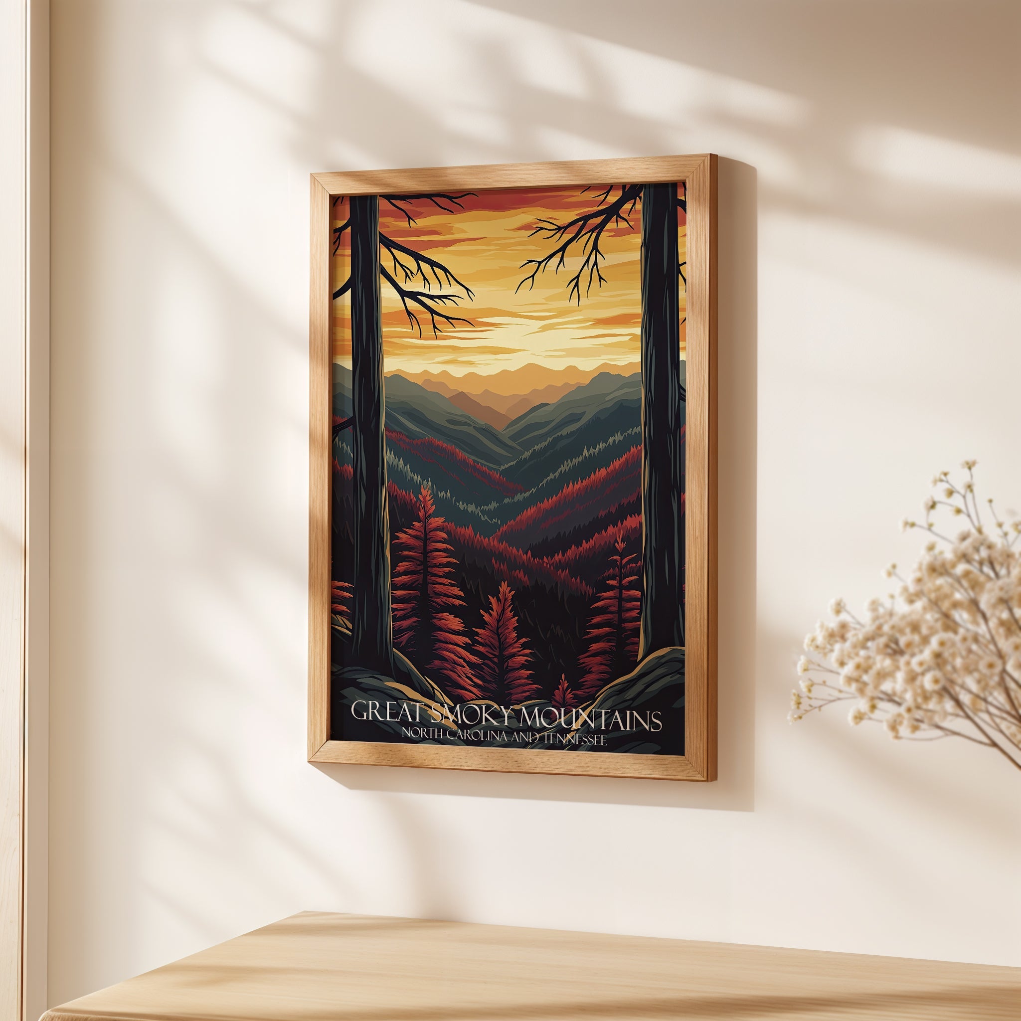 Art print of Great Smoky Mountains showcasing a sunset with warm tones and rich forest details.