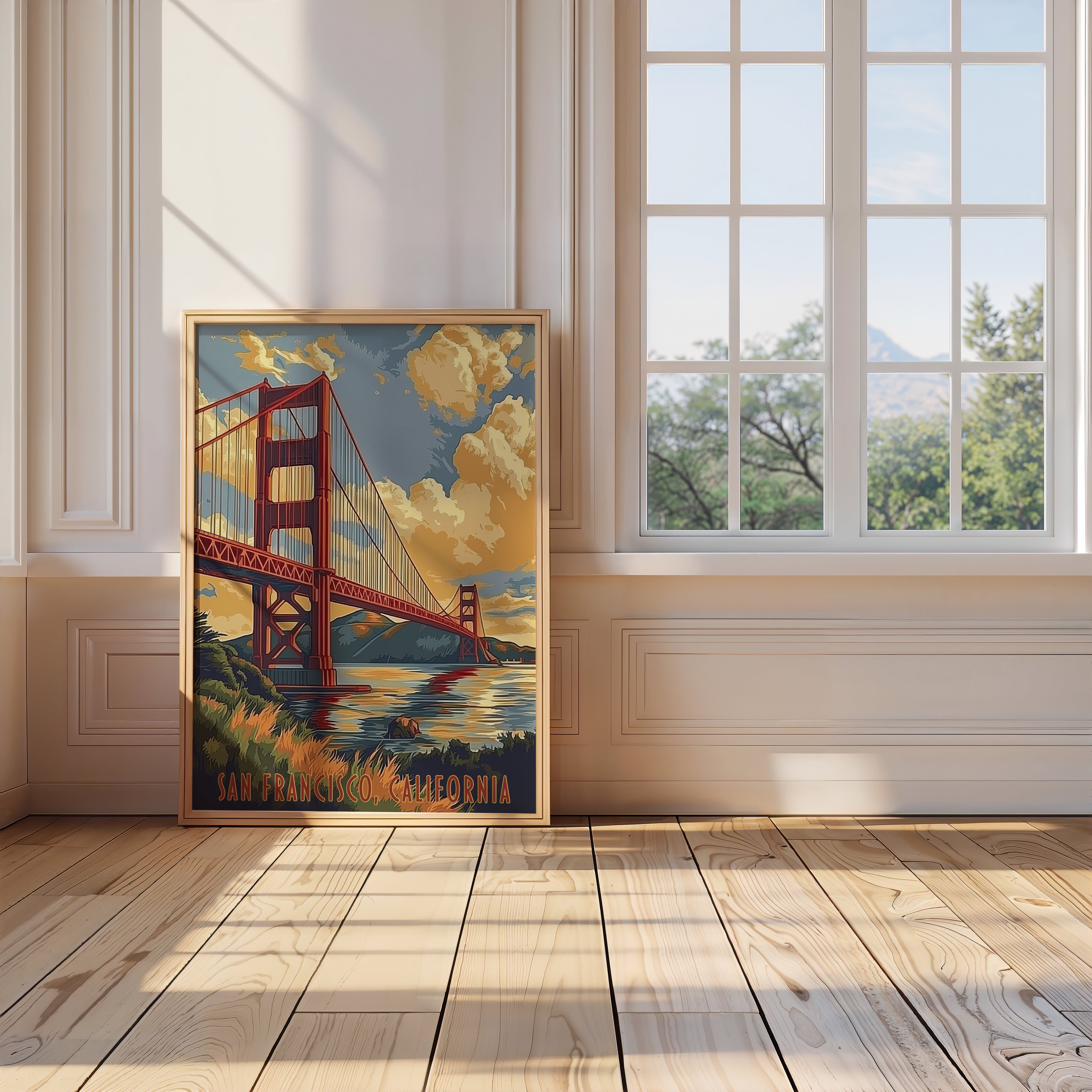 Wall art print of the Golden Gate Bridge in San Francisco, showcasing vibrant colors and a sunset sky.