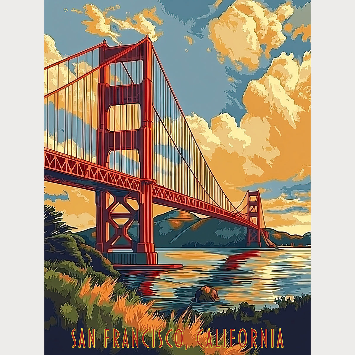 Golden Gate Bridge art print depicting San Francisco at sunset with bold colors and clouds, perfect for wall decor.