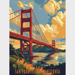 Golden Gate Bridge art print depicting San Francisco at sunset with bold colors and clouds, perfect for wall decor.