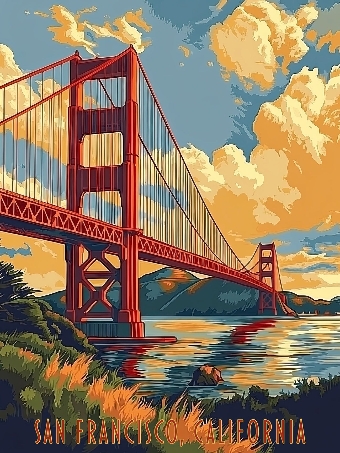 Art print of Golden Gate Bridge in San Francisco at sunset, showcasing vibrant colors and serene water reflections.