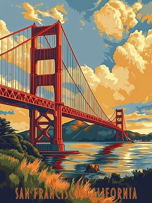 Art print of Golden Gate Bridge in San Francisco at sunset, showcasing vibrant colors and serene water reflections.
