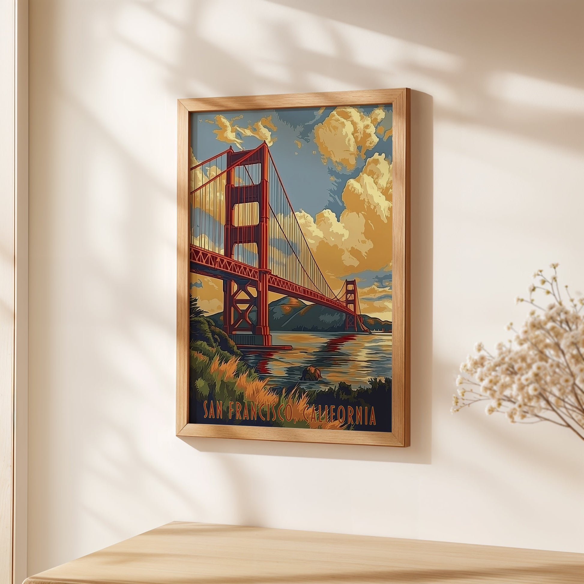 Vintage travel poster of the Golden Gate Bridge in San Francisco, California with sunset reflections on water.