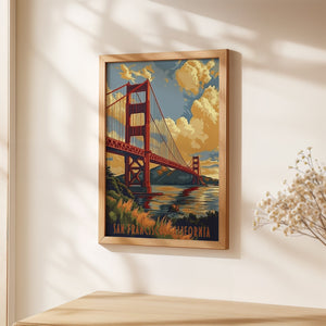 Vintage travel poster of the Golden Gate Bridge in San Francisco, California with sunset reflections on water.