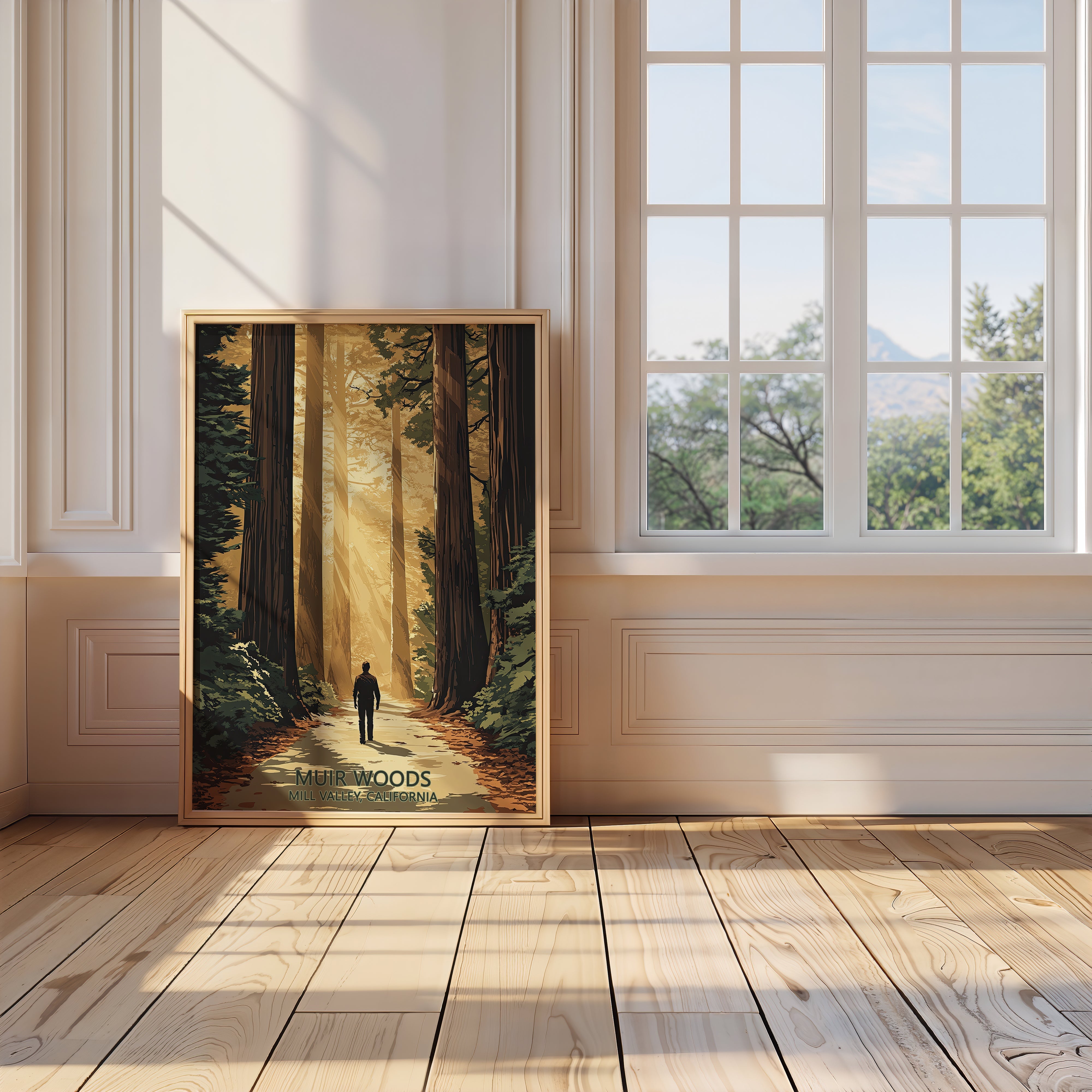 Golden Light: Muir Woods Serenity wall art print featuring sunlight through majestic trees in California.