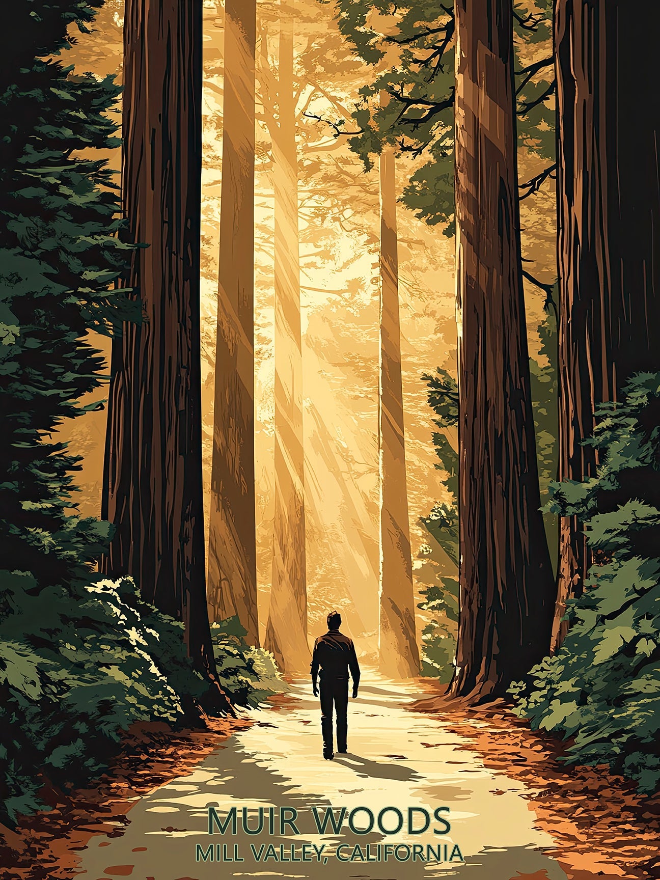 Vintage travel poster of Muir Woods, California, featuring sunlight streaming through towering trees.