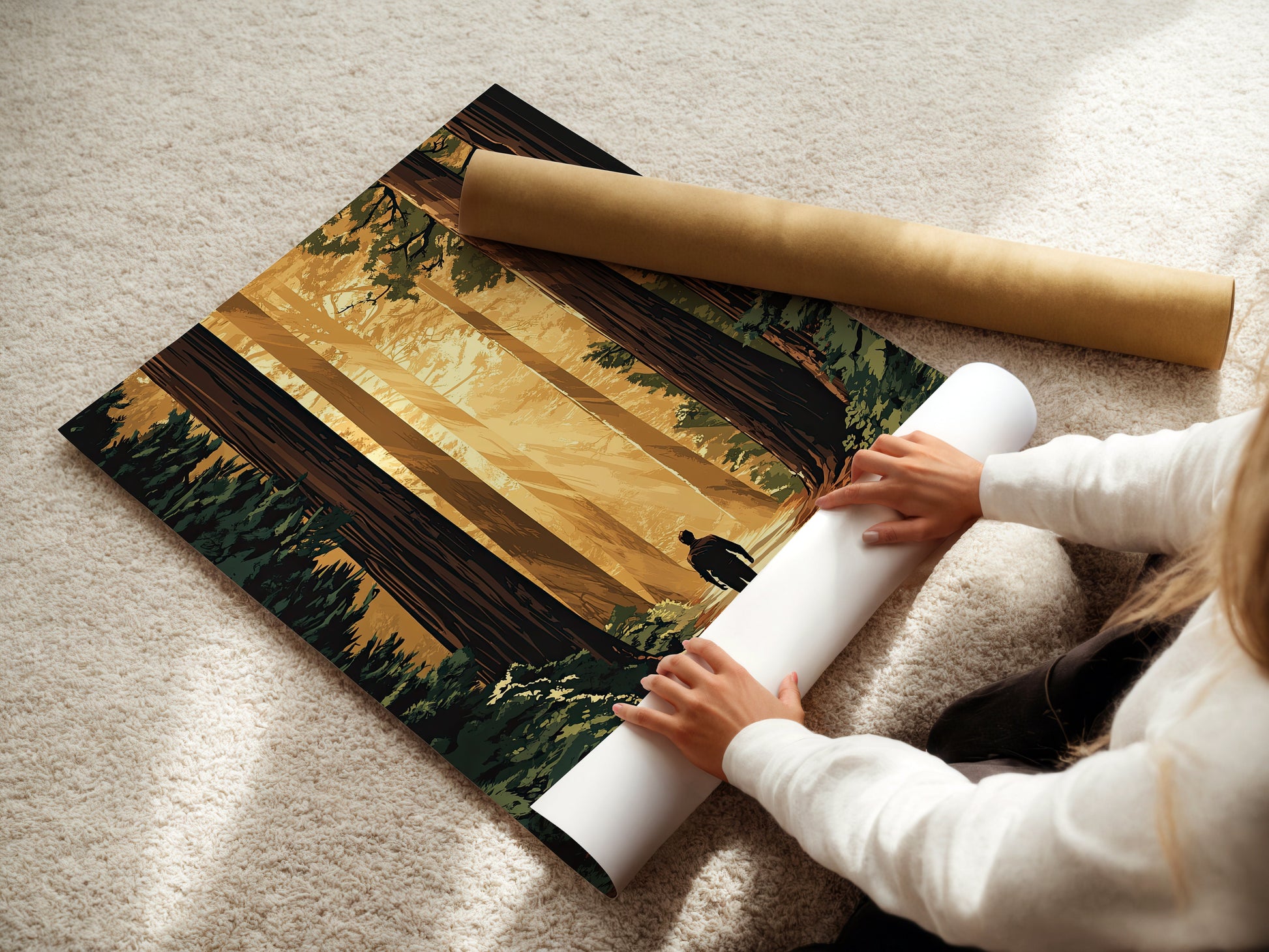 Person unrolling vintage travel art print of Muir Woods with sunlight streaming through tall trees.