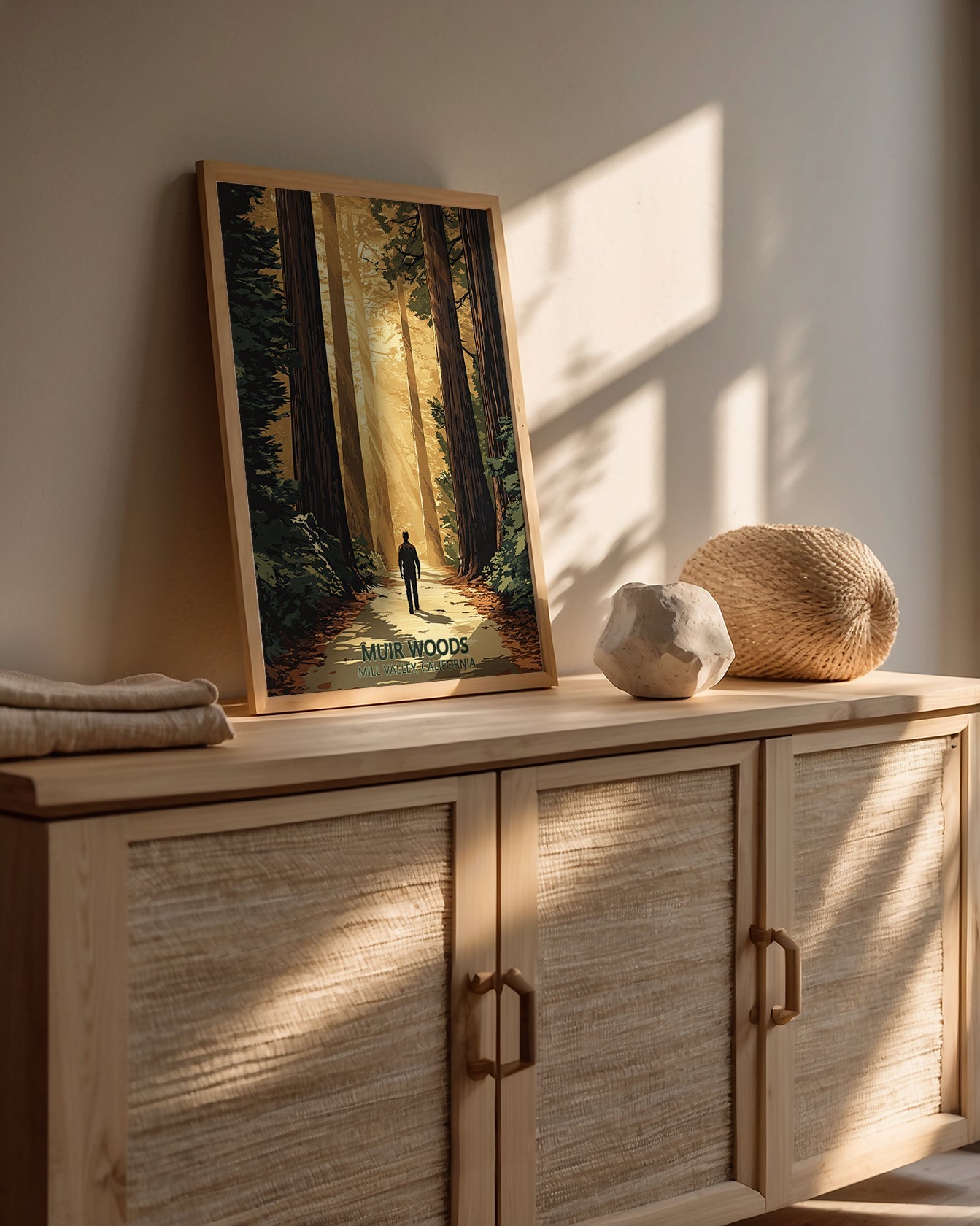 Art print of Muir Woods showcasing sunlight through trees in a tranquil setting, perfect for nature lovers.