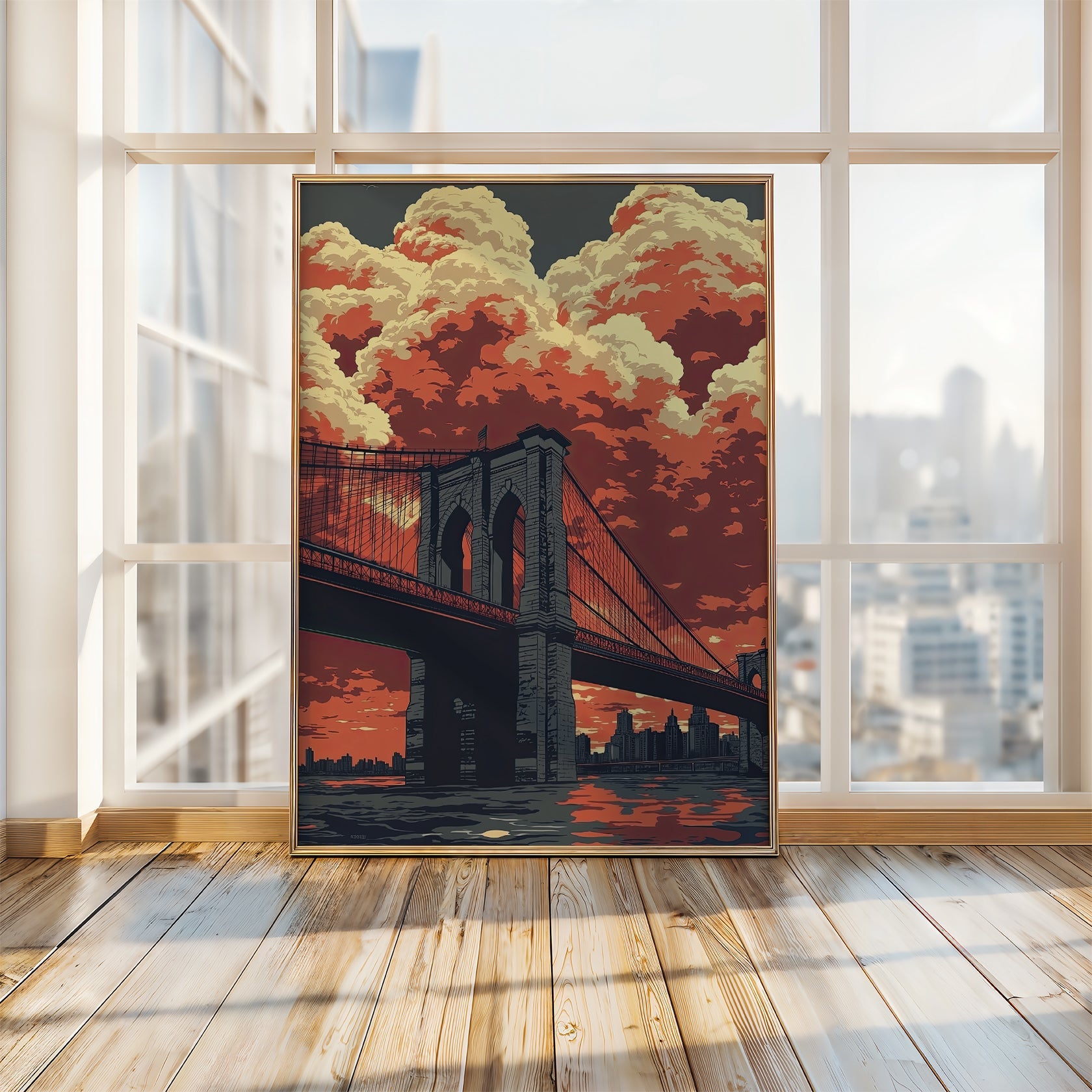 Brooklyn Bridge wall art print showcasing vibrant sunset colors and clouds, capturing NYC's energy for contemporary decor.