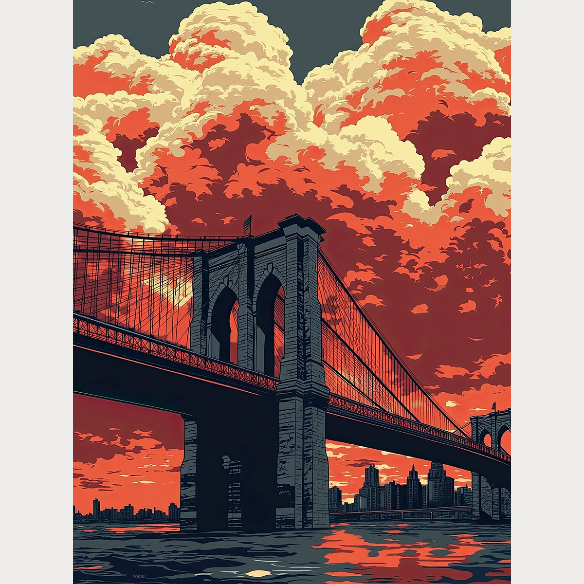 Brooklyn Bridge sunset wall art print showcasing vibrant colors and reflective water in a Pop Art style travel poster.