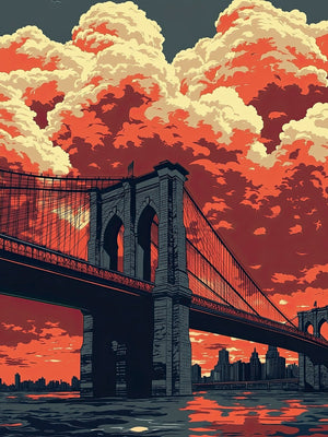 Brooklyn Bridge sunset wall art print showcasing fiery skies and cityscape in vibrant Pop Art style.