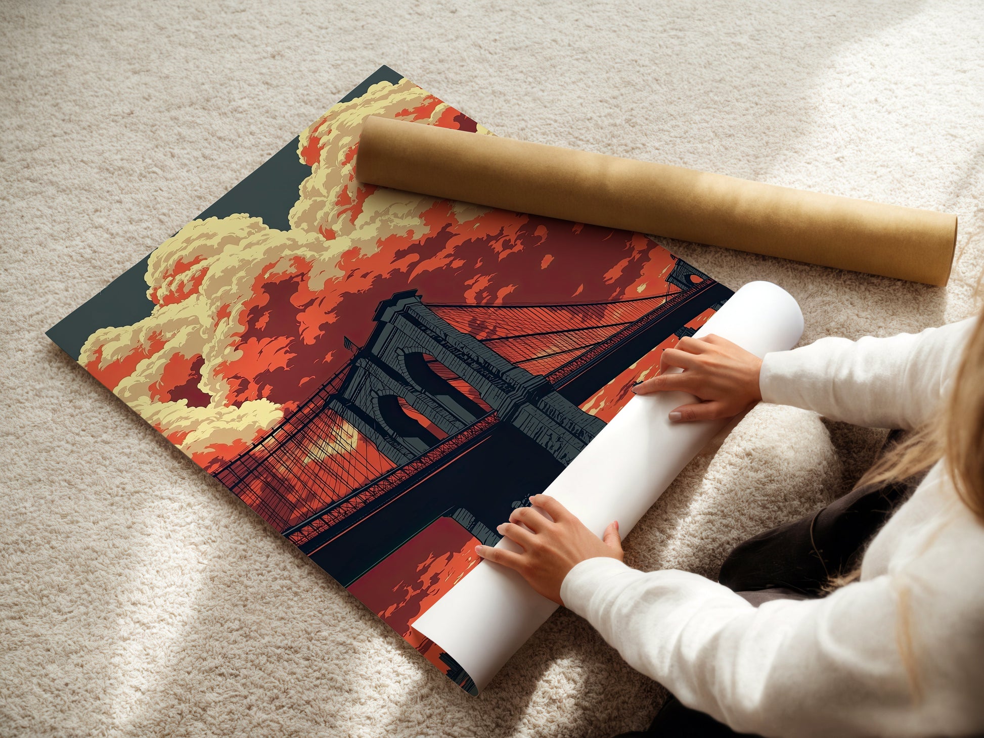 Person unrolling a travel art print of the Brooklyn Bridge at sunset, showcasing vibrant orange and red skies.