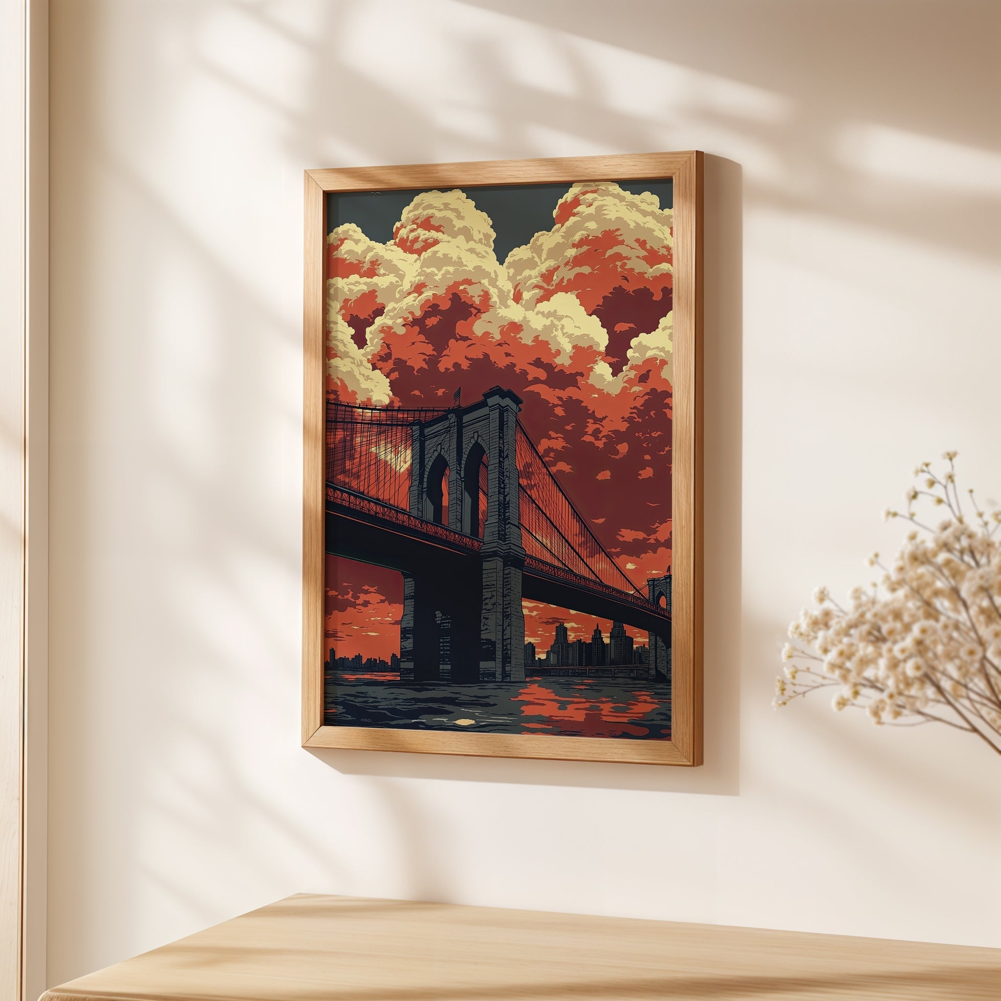 Art print of Brooklyn Bridge at sunset, showcasing vibrant red and orange skies, ideal for wall art decor.