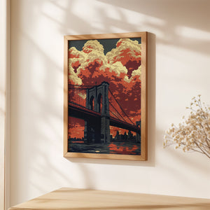 Art print of Brooklyn Bridge at sunset, showcasing vibrant red and orange skies, ideal for wall art decor.