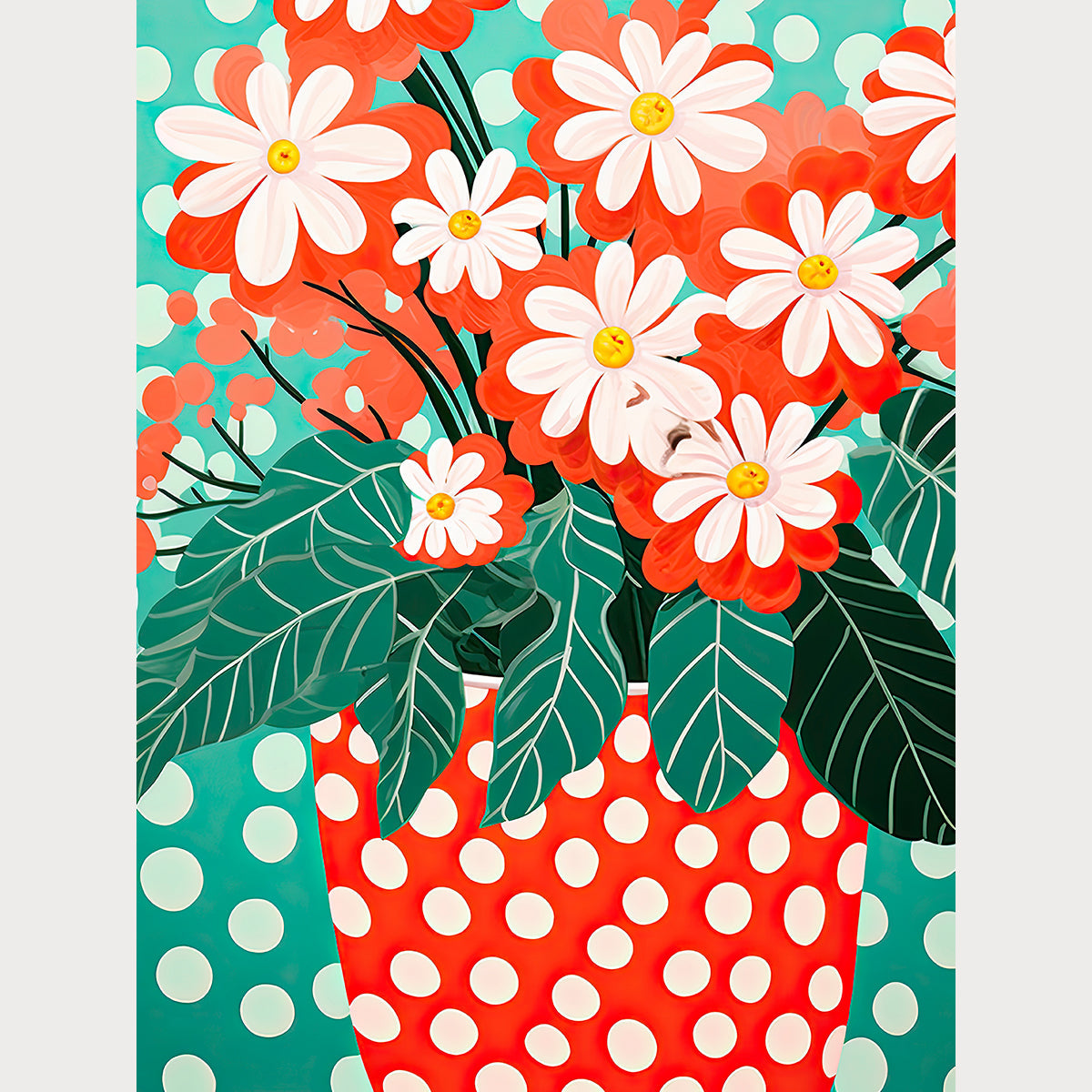 Colorful art print of red-orange blooms and white daisies in a polka-dot vase on a turquoise background, Bohemian style.
