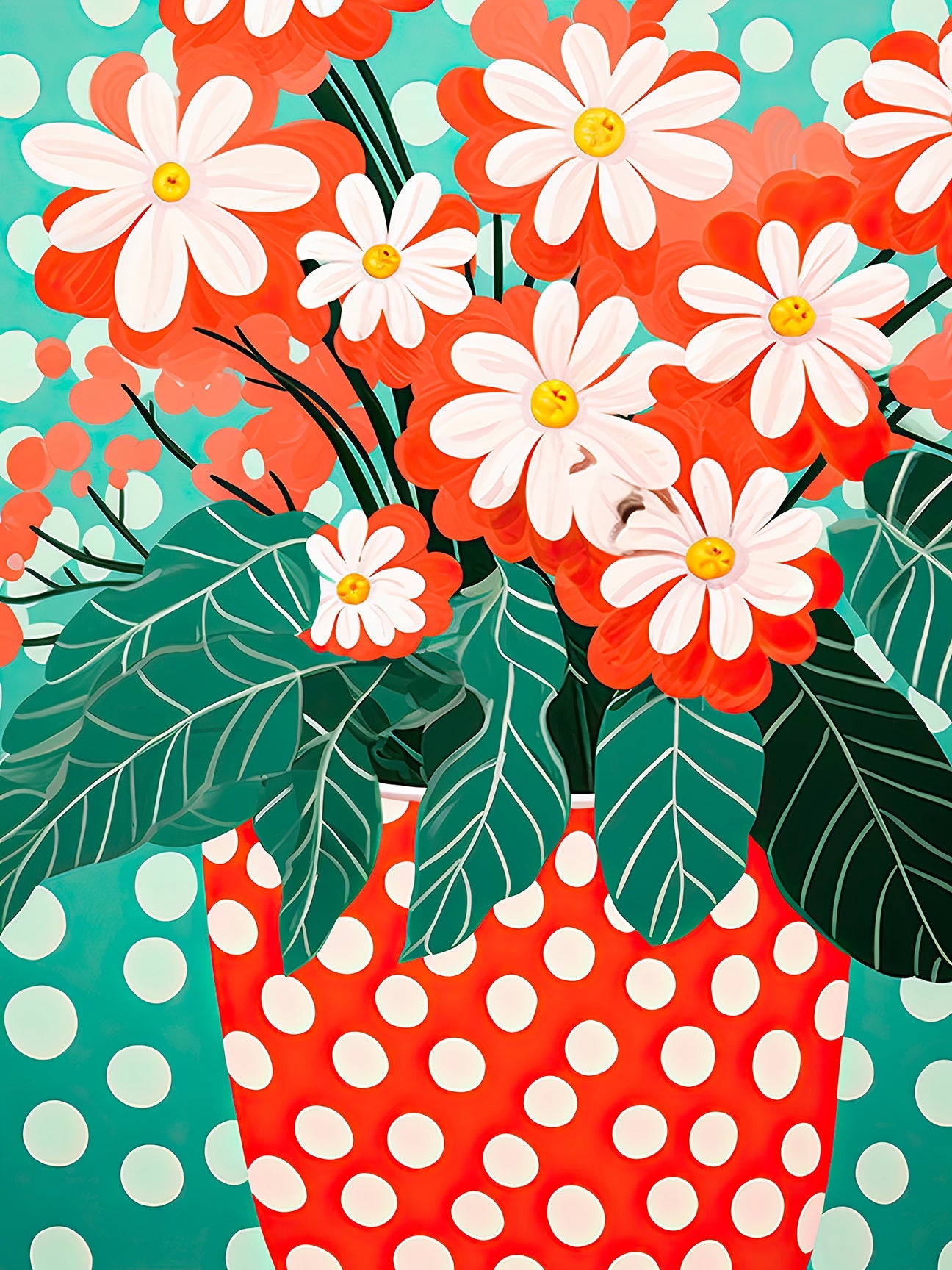 Bold Blooms in Dots artwork featuring orange flowers and white daisies in a polka-dotted vase against a turquoise background.