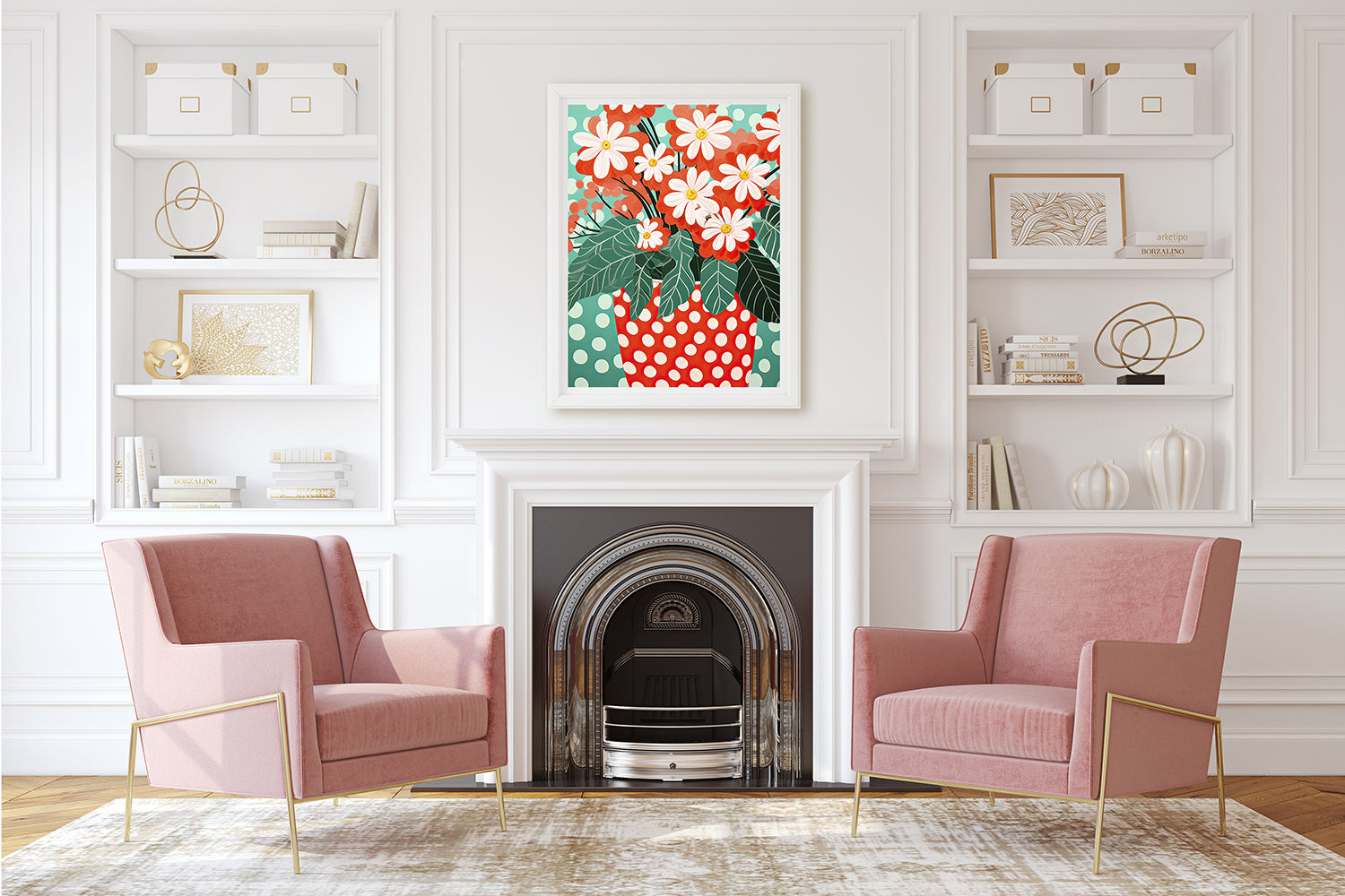 Bold Blooms in Dots wall art print featuring colorful flowers in a polka-dotted vase against a turquoise background.