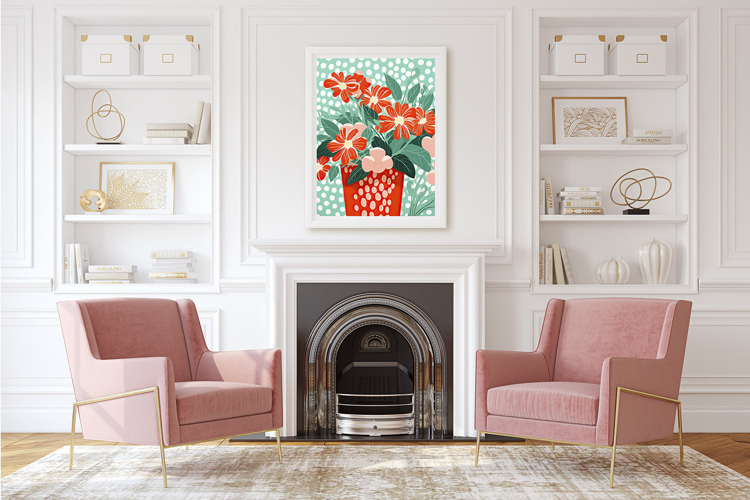 Vibrant Playful Polka Bloom floral wall art print in a cozy living room with pink chairs and modern decor.