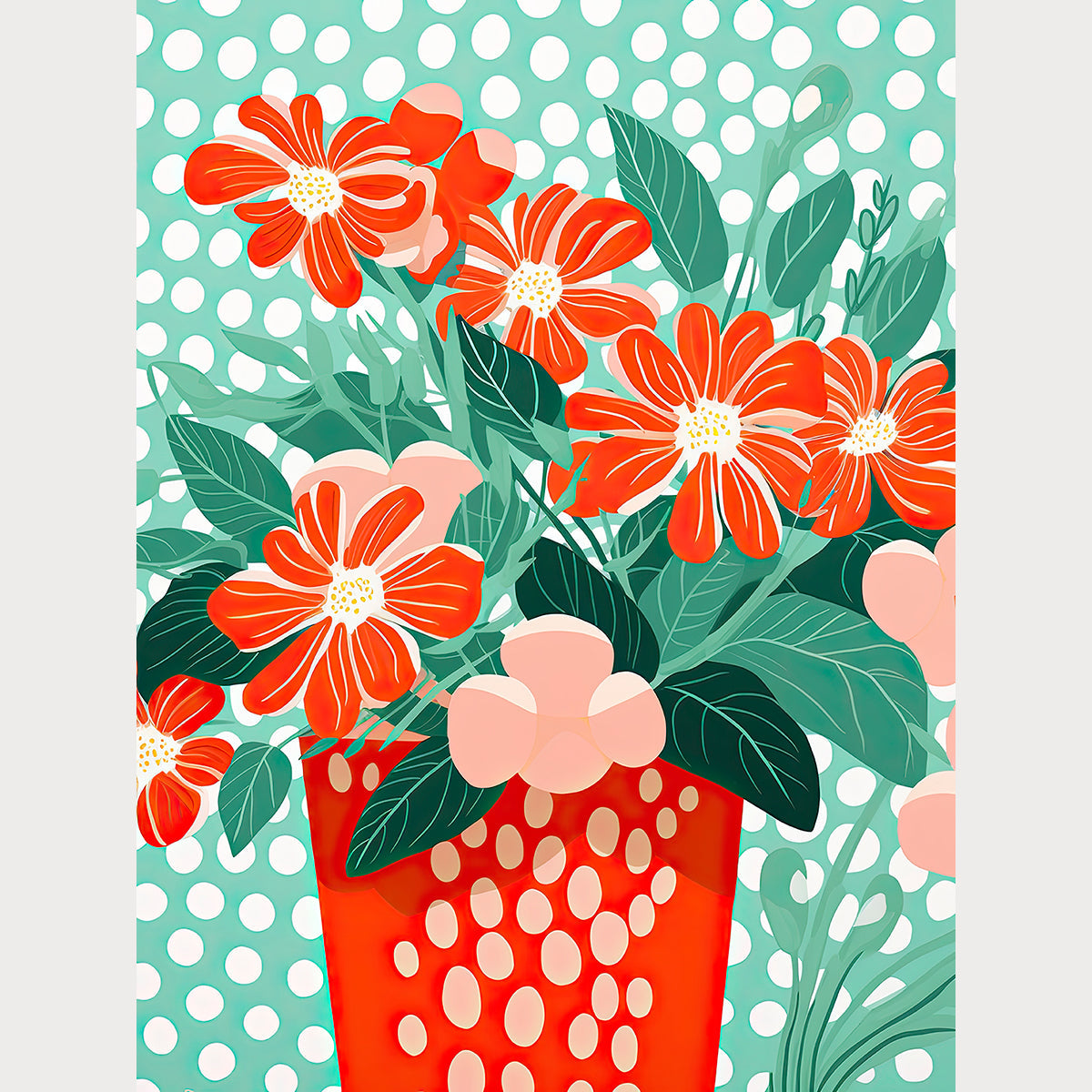 Vibrant floral wall art print with bold red flowers in a polka-dot vase against a teal background, perfect for bohemian decor.