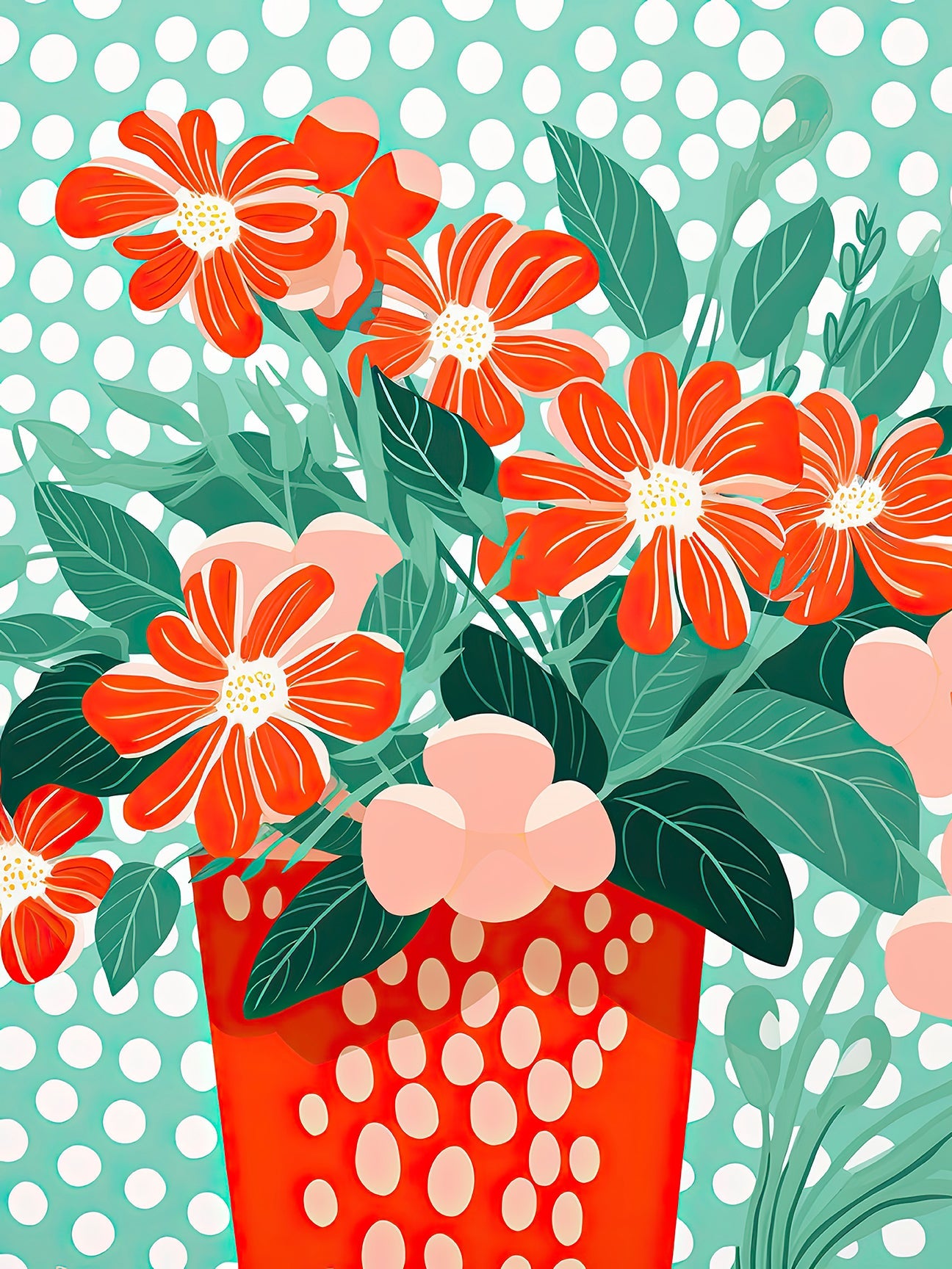 Playful Polka Bloom floral wall art print with vibrant red flowers in a polka-dot vase against a teal background.