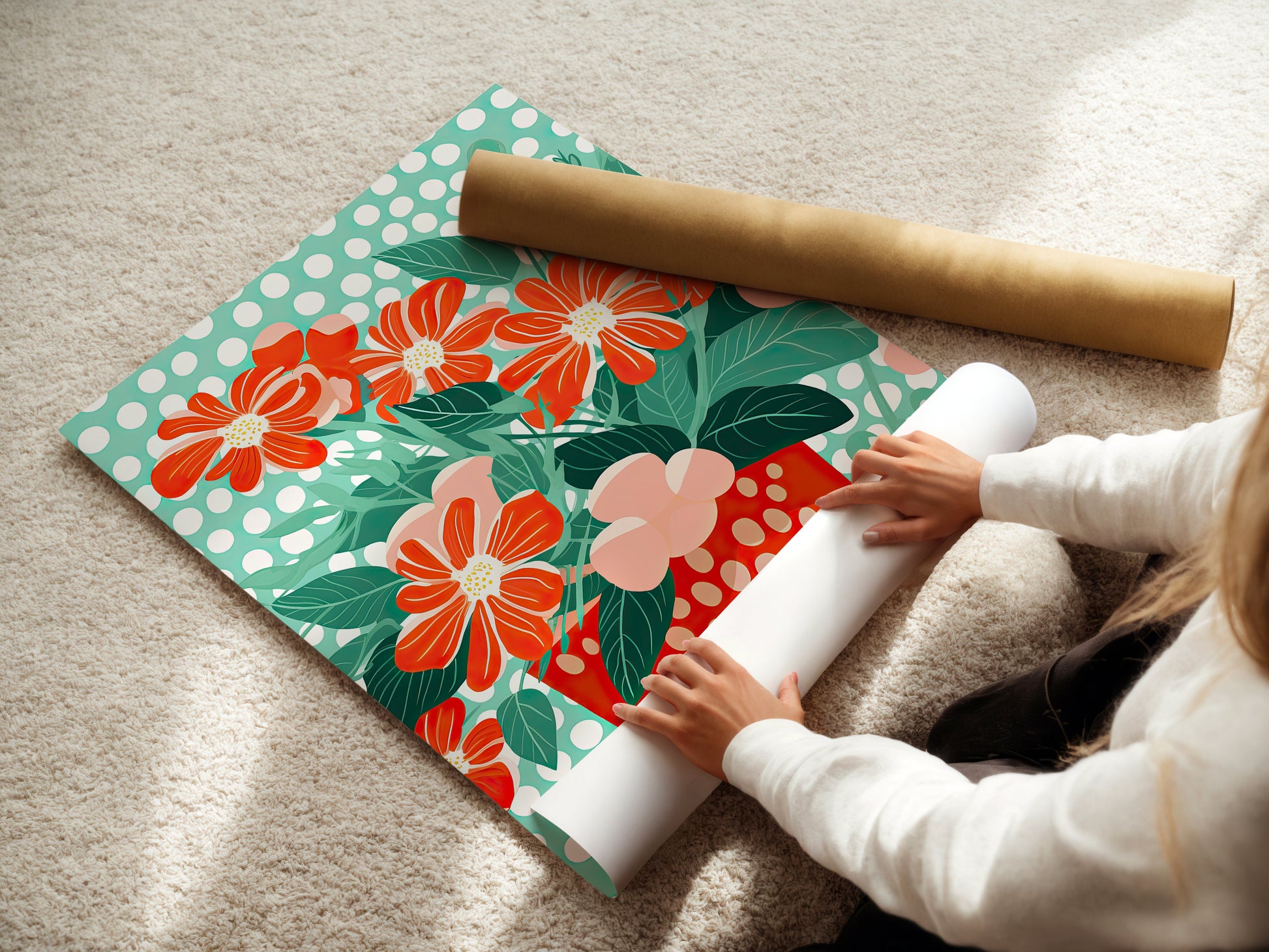 Vibrant floral wall art print featuring orange-red flowers and lush green leaves, perfect for Bohemian and modern decor.