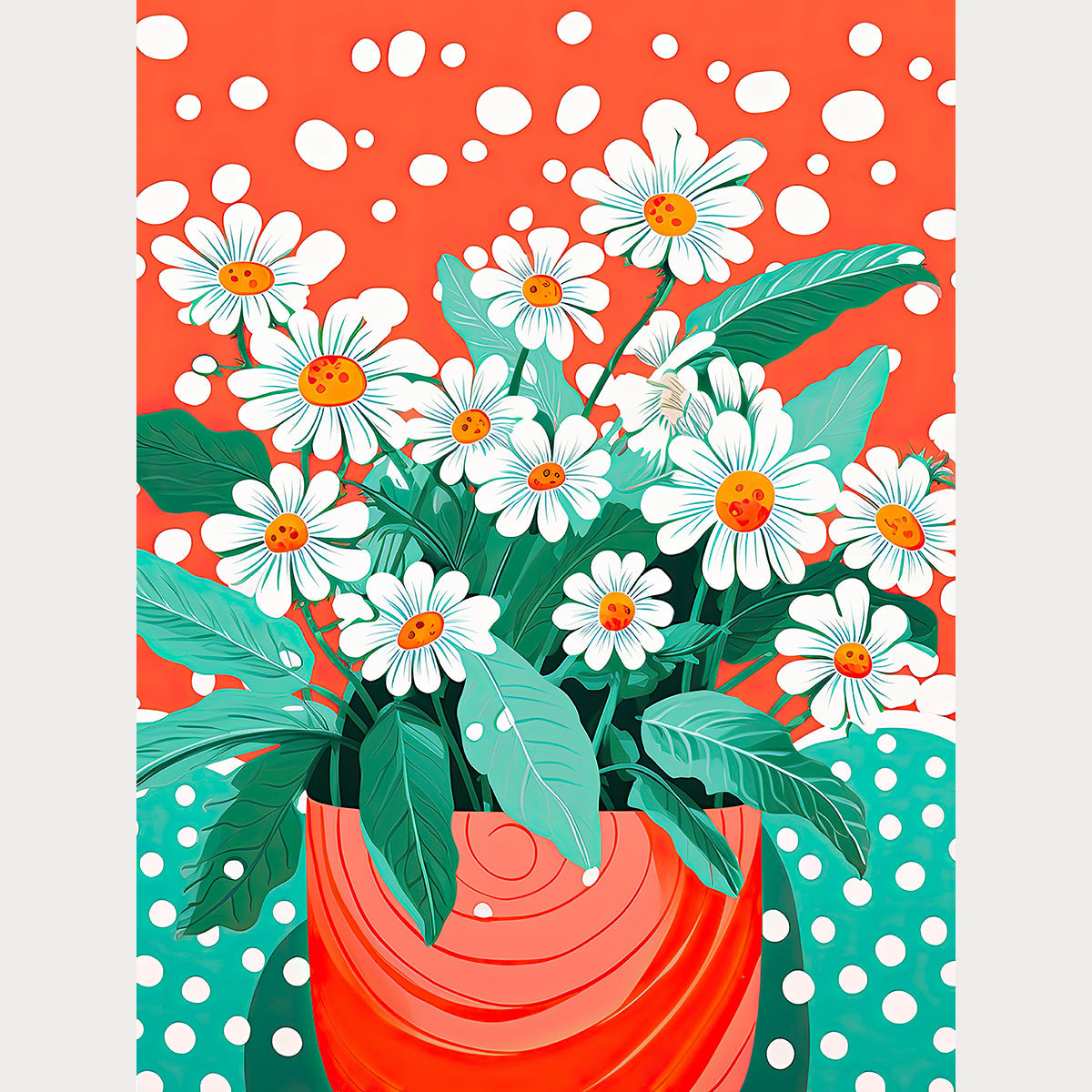 Retro Dot Garden wall art print featuring vibrant white daisies and playful polka dots in teal and coral colors.