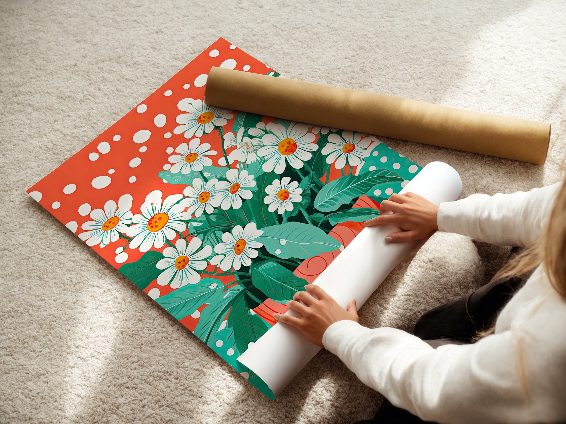 Wall art print featuring vibrant daisies and retro polka dots in bold teal and coral, perfect for modern bohemian decor.