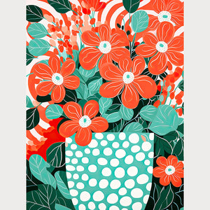 Bright Boho Garden art print featuring vibrant red flowers and turquoise polka-dot vase for modern wall art decor.