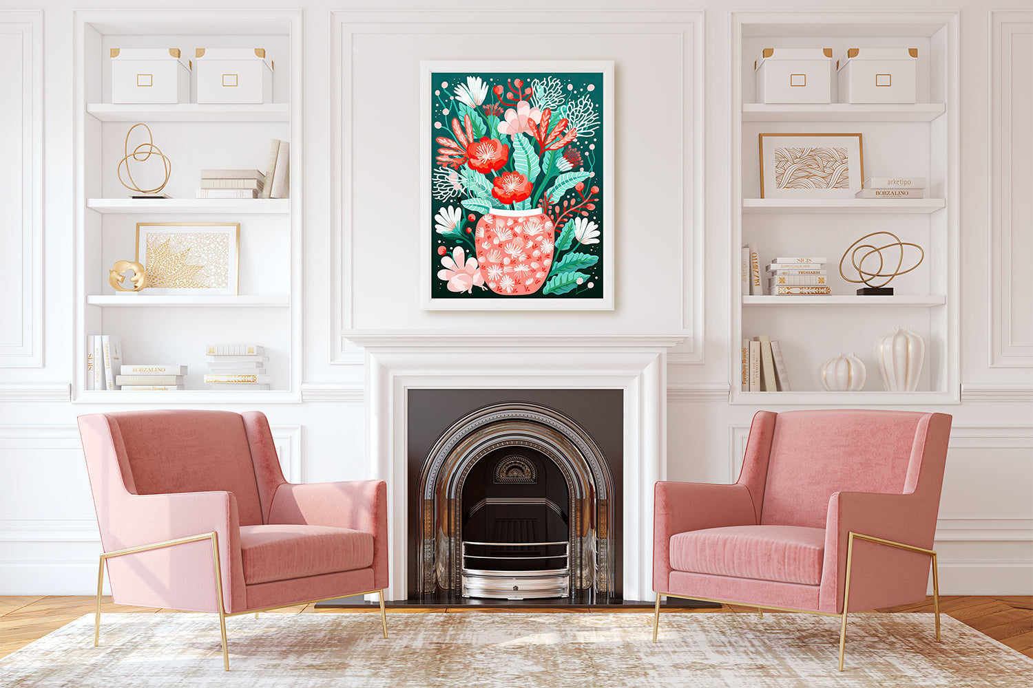 Charming Botanical Glow art print in a modern living room featuring pink chairs and a stylish fireplace.
