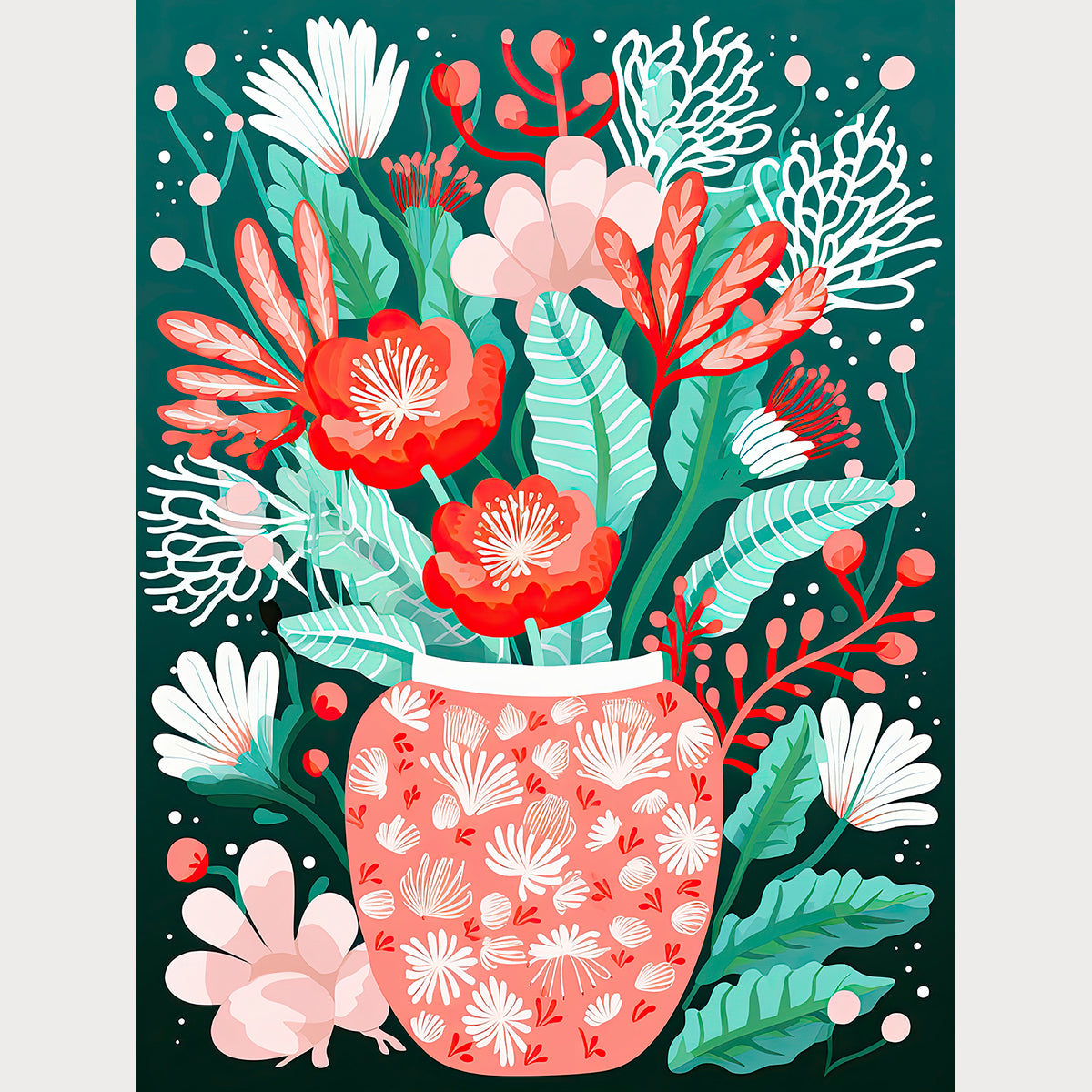 Charming Botanical Glow wall art print featuring vibrant coral flowers in a teal background. Modern Boho floral design.