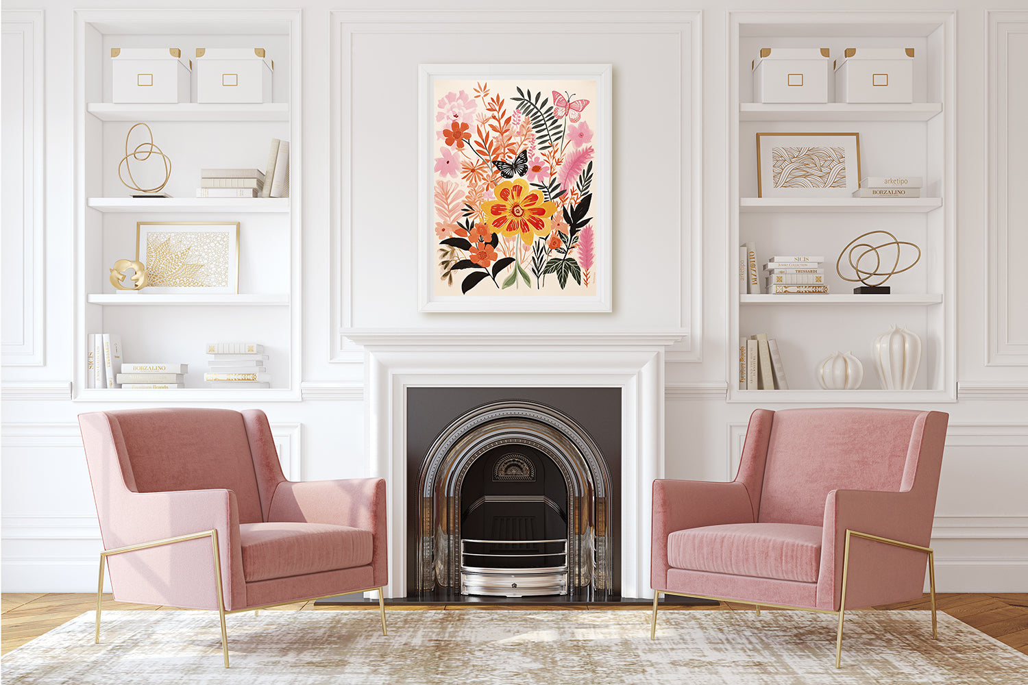 Radiant Meadow Elegance wall art print featuring vibrant flowers and butterflies in a stylish living room decor.