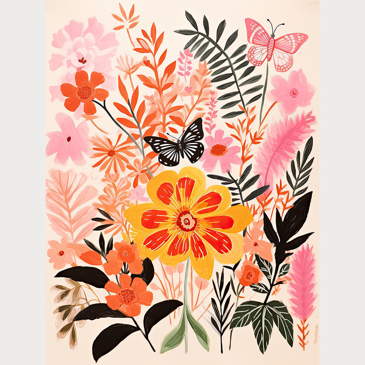 Vibrant floral wall art print featuring flowers, butterflies, and modern art in warm colors.
