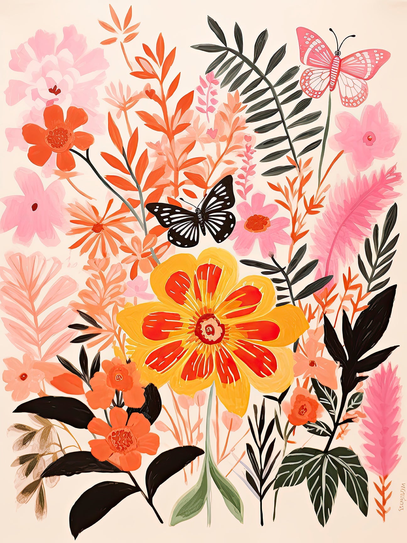 Floral wall art print featuring colorful flowers and butterflies, embodying modern art and cheerful energy for decor.