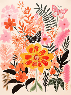 Floral wall art print featuring colorful flowers and butterflies, embodying modern art and cheerful energy for decor.