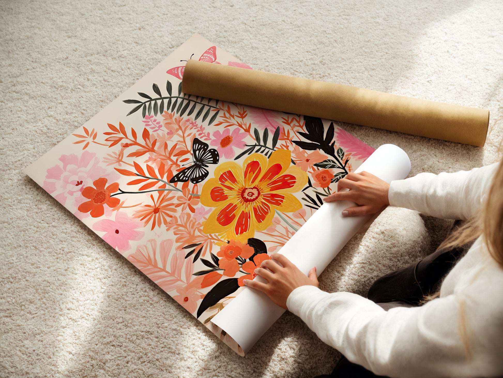 Person unrolling a vibrant floral wall art print featuring flowers and butterflies in warm colors.