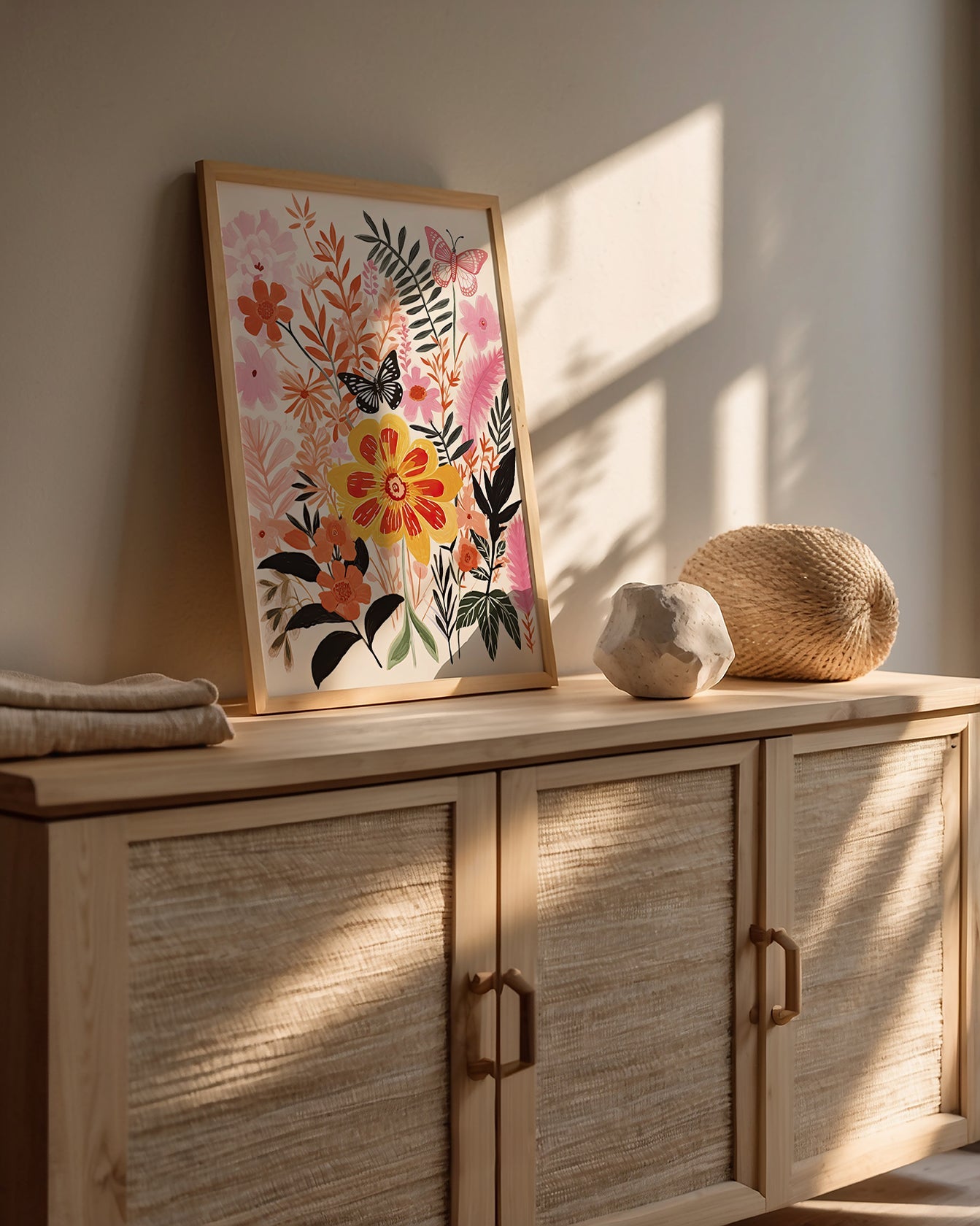 Radiant Meadow Elegance wall art print showcasing vibrant flowers and butterflies in a sunlit room, modern boho decor.